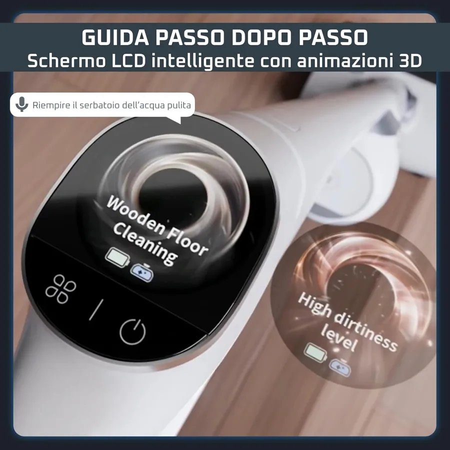 Schermo LCD della Rowenta X-Clean 12 con animazioni 3D