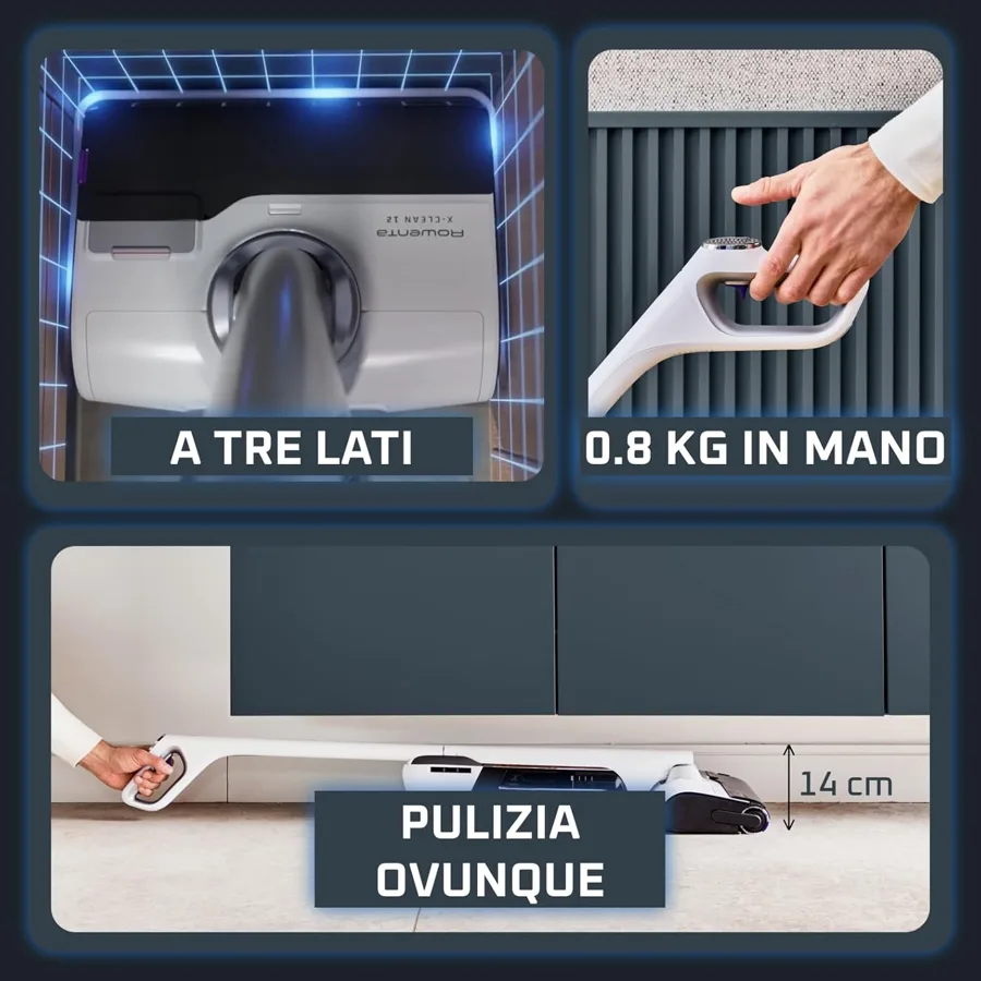 Rowenta X-Clean 12: spazzola a tre lati e 0,8 kg in mano